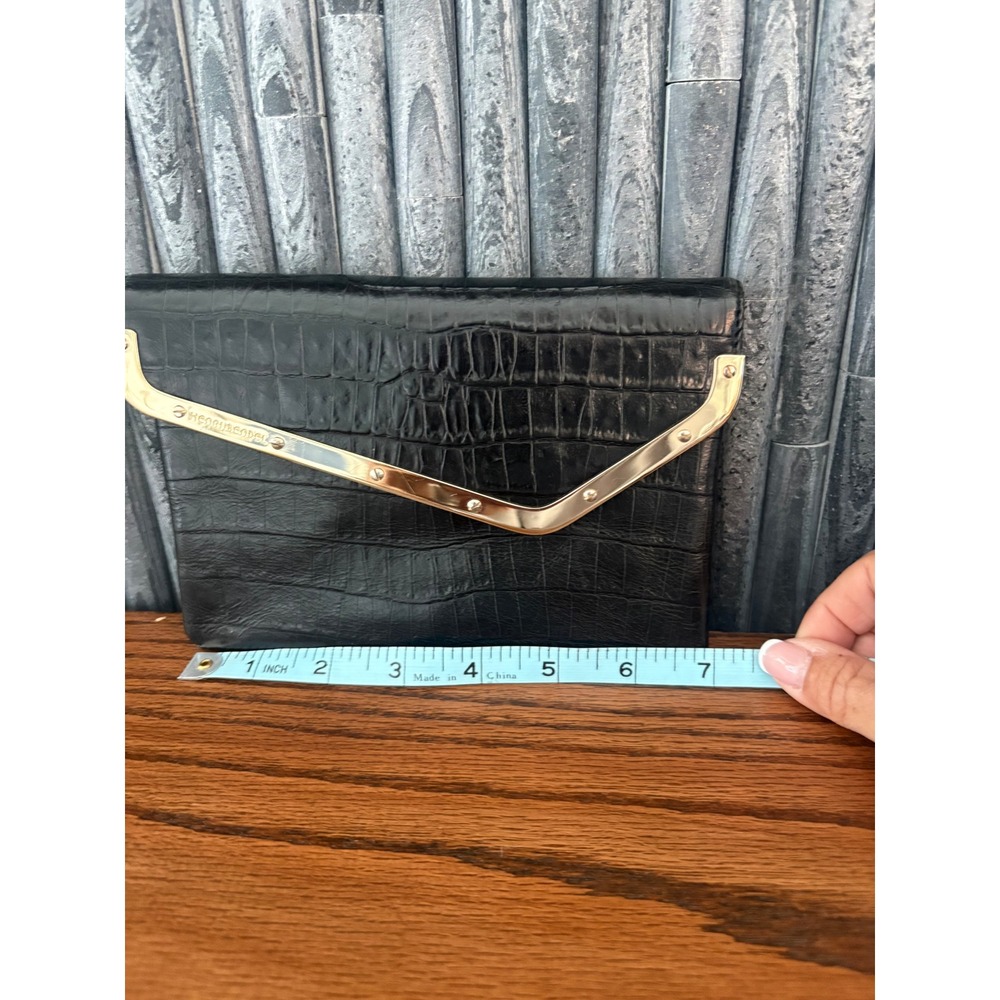Henri Bendel Deb Black Croc Embossed Leather Wristlet Clutch Gold V Hardware - Picture 8 of 9